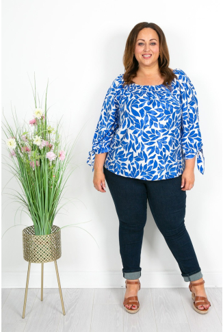 Royal Blue & White Leaf Print Top