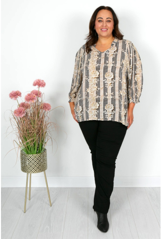 Black & Cream Floral Top with Gold Detail
