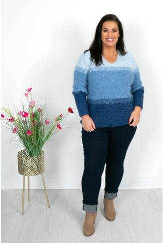  Blue Ombre Fluffy V Neck Knit
