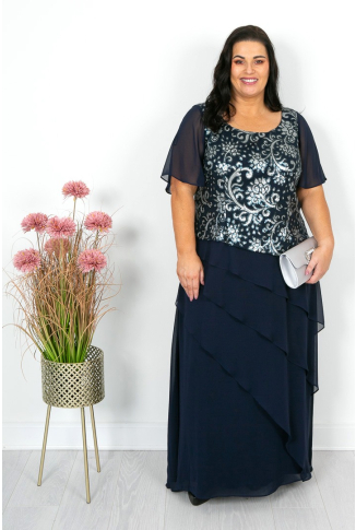 Navy Silver Sequin Floor Length Dress