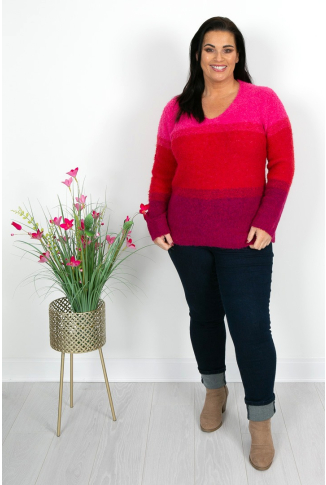 Hot Pink & Red Ombre V Neck Fluffy Knit