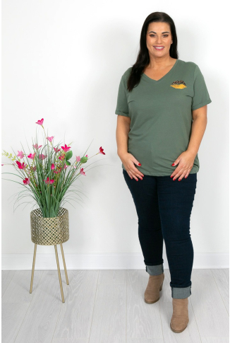 Khaki Lips Print Cotton T-Shirt