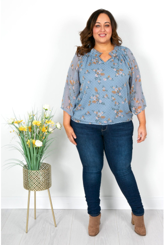 Chiffon Floral Top in Denim Blue