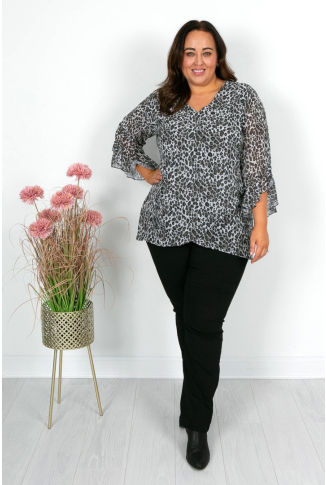 Grey & Black Animal Print Chiffon Top