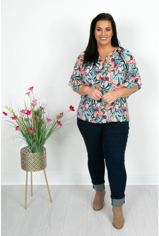 Soft Coral & Green Flutter Sleeve Top