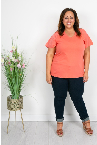 Coral Cotton T-Shirt with Broderie Anglaise Sleeve