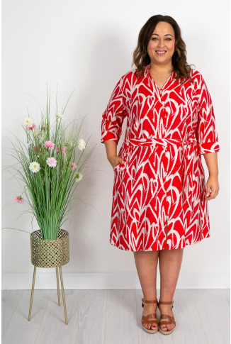 Coral Red Ikat Print Shirt Dress