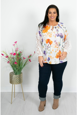 Ivory & Coral Lace Sleeve Top