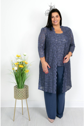 Steel Blue Lace Sequin Trouser Suit