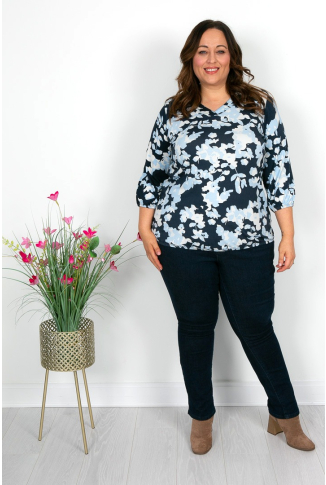 Navy Blue Floral V Neck elasticated Hem Top