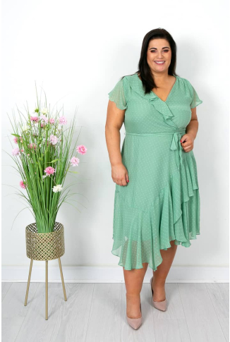 Sage Green Self Dot Faux Wrap Dress-Online Exclusive
