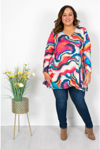 Coral Pink & Blue Swirl Print Pocket Tunic