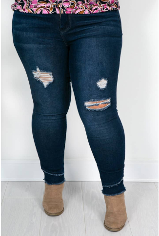 Dark Denim Distressed Raw Hem Jeans 