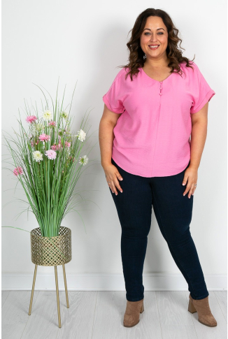 Pink Button Detail V-Neck Top