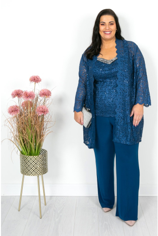 Peacock Blue Lace Trousers Suit with Pearl Neckline