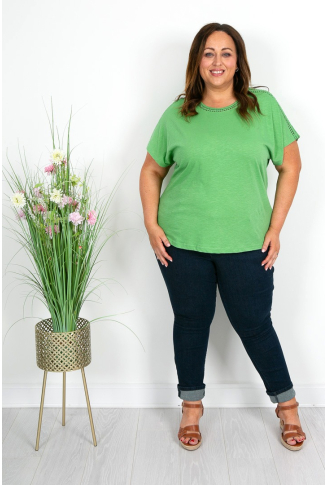 Green Cotton Crochet Trim Detail Tee