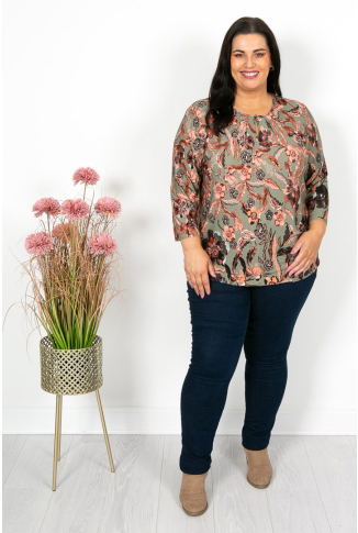 Khaki & Coral Floral Keyhole Top