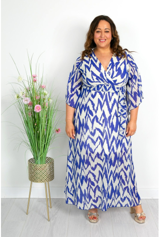Blue & Ivory Faux Wrap Maxi Dress