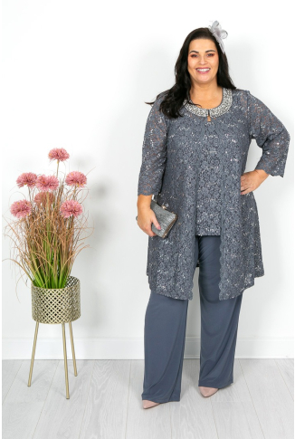 Grey Pearl Neck Trouser Suit