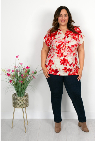 Red & Cream Smudge Print Top