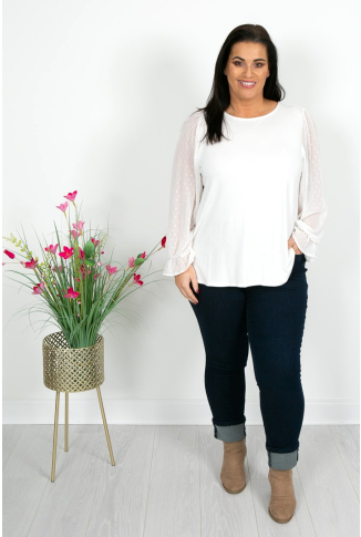Ivory Top with Chiffon Sleeve and Gold Clip Dot Detail