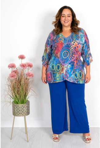 Blue & Pink Retro Print Chiffon Top