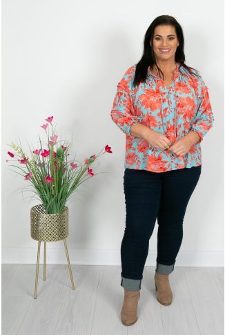 Aqua & Coral Top with Button Detail