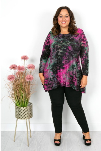 Fuchsia Green & Black Petal Print Pocket Tunic