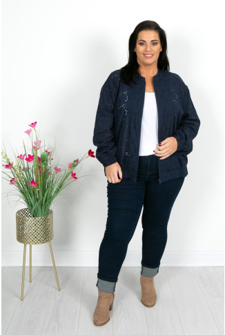Navy Broderie Anglaise Cotton Bomber Jacket