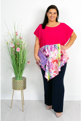 Cerise and Floral Satin Hanky Hem Top 