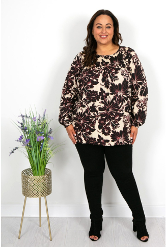 Shirred Neckline Top in Cream Black & Wine - Online Exclusive