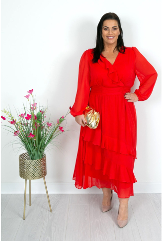 Coral Red Crossover Midi Dress