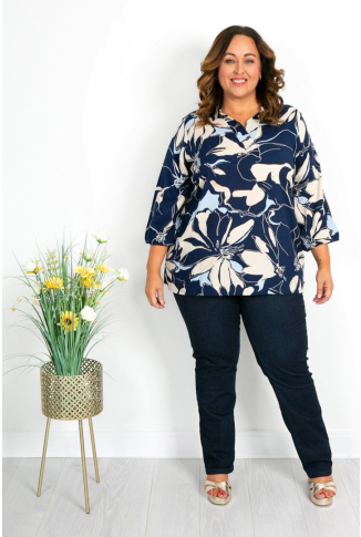 Navy & Baby Blue Print V neck top