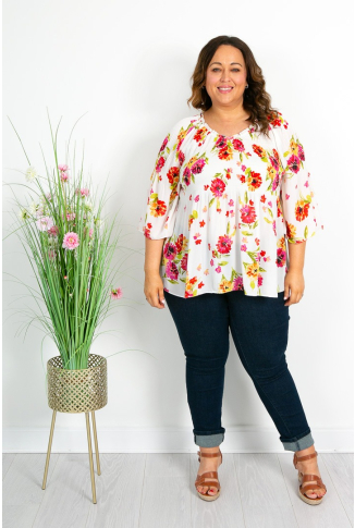 Ivory Pink Floral V Neck Pleat Top - Online Exclusive