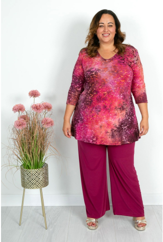 Mixed Berry Leaf Print Burnout Tunic