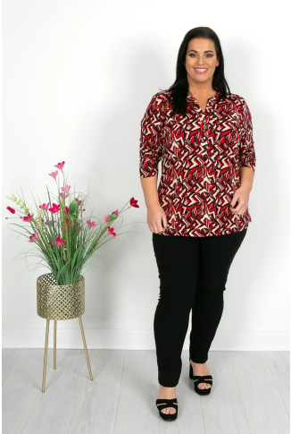 Button Down Top in Red Mix Print