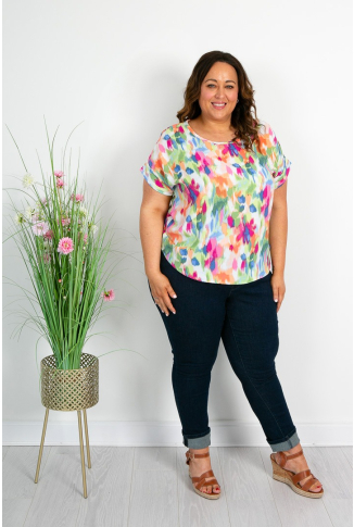 Watercolour Print Top with Round Neck 