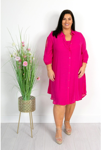 Cerise Pink Shirt Dress with Cut Out Sleeve Detail