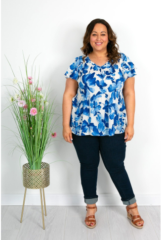Blue White Floral Short Sleeve Pleat Top