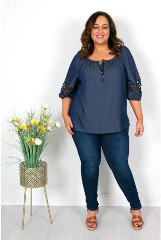 Denim Look Top with Crochet Detail