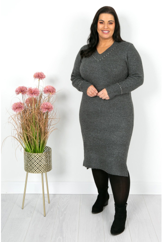 Grey Knitted Dress with Studding Detail
