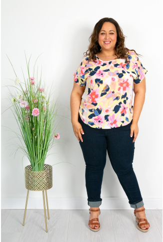 Navy Denim Blue and Lemon Round Neck Top 
