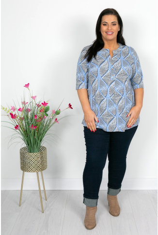 Blue Mixed Print Button Detail Top