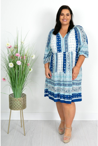 Blue & Turquoise Border Print Dress 