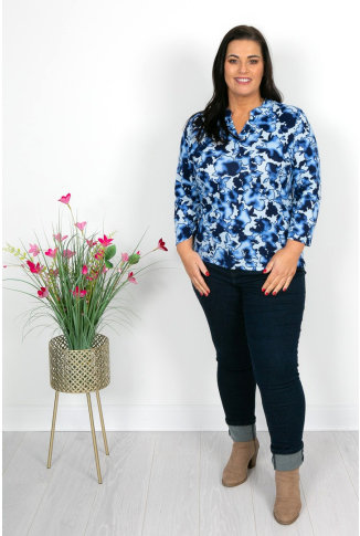 Blue Floral Print Notch Neck Top