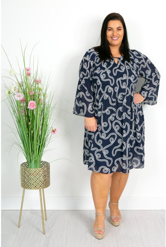 Navy & White Rope Print Pleater Dress