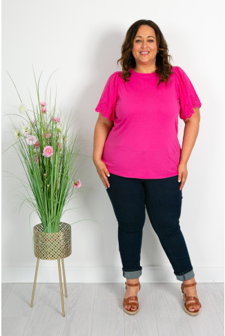 Hot Pink Cotton Broderie Sleeve Top