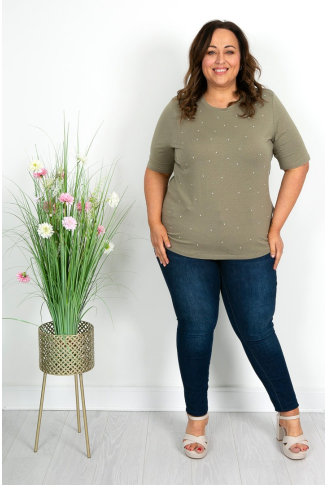Khaki Pearl Detail T Shirt