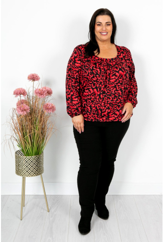  Red & Black Animal Print Elasticated Hem Top