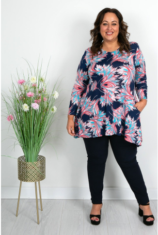 Navy Turquoise & Coral Swirl Print Pocket Tunic 